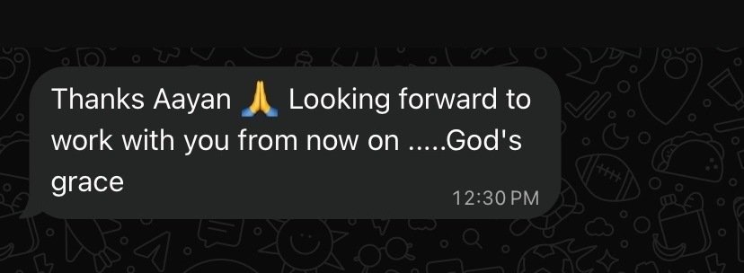 Client message: Thanks Aayan, looking forward to work with you from now on